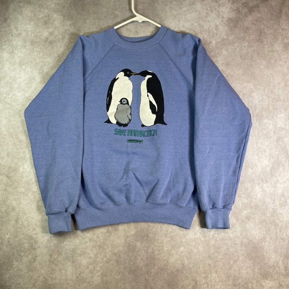 VTG Save Antarctica Sweatshirt Adult Medium Purple Penguins Raglan USA Made 80s